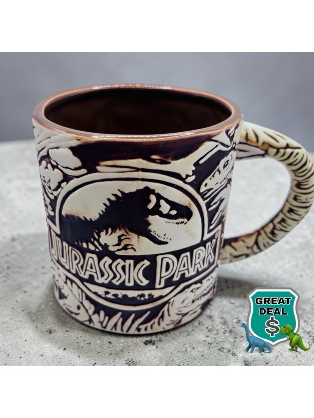 Jurassic Park Coffee Mug Universal Studios Collector T-Rex Dinosaur Embossed HTF